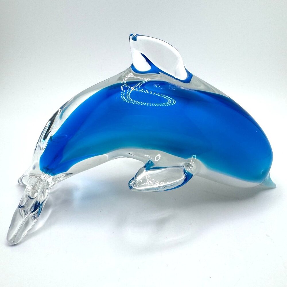 Hand Blown Art Glass Dolphin Figurine Clear Blue & White 6.25" Home Decor